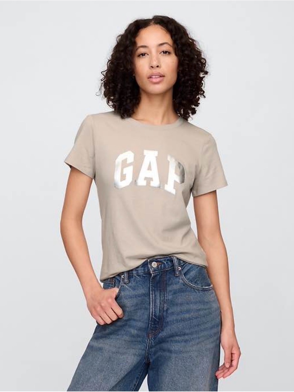 GAP Short Sleeve Crewneck Tee with Metallic Logo - Beige